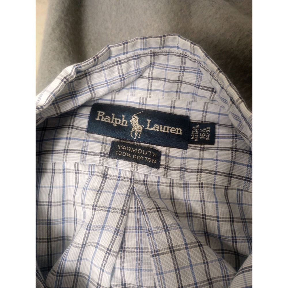 Ralph Lauren Yarmouth Vintage Shirt Mens 16.5 x 34/35 Blue White Plaid Cotton LS